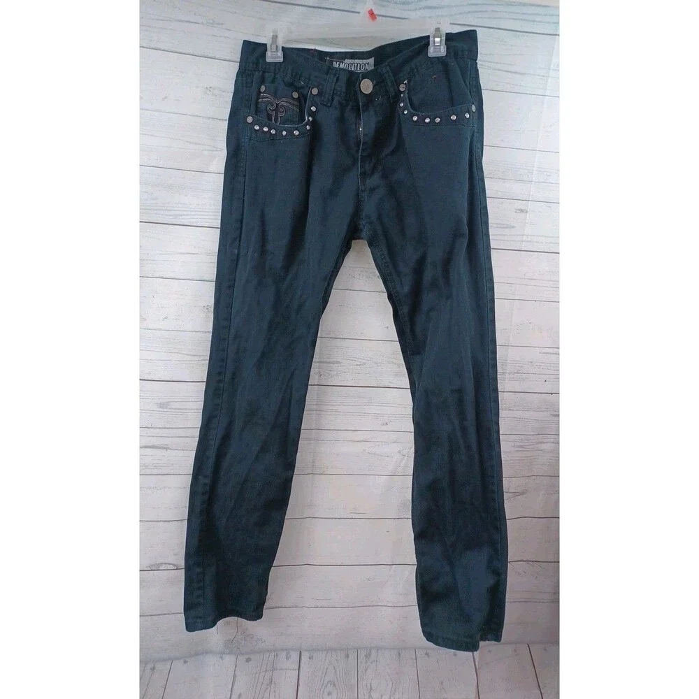 Demolition Mens Urban Wear Black Jeans Sz 32x30 Moto Skinny Rhinestone Embellish